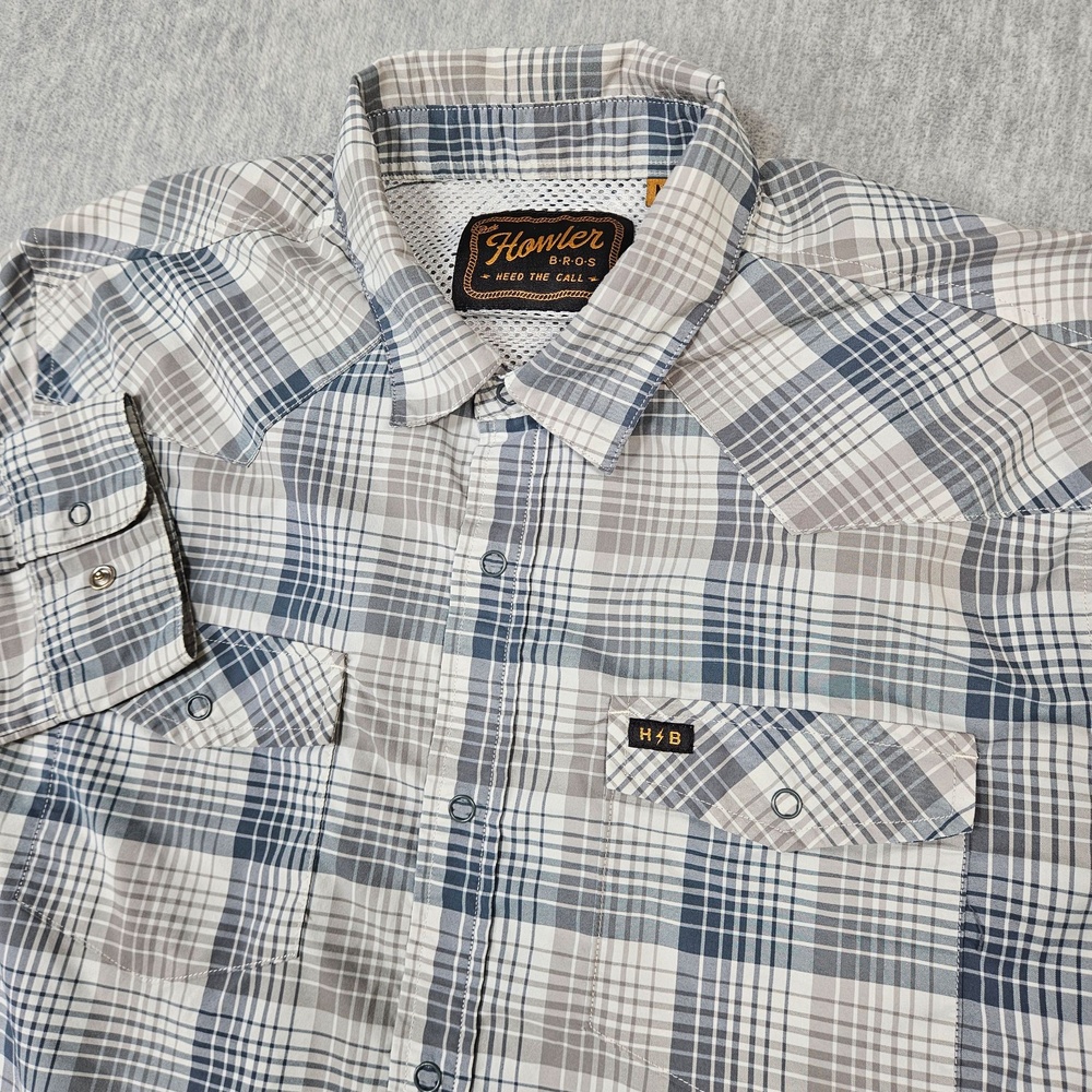 Howler Bros Shirt Mens M Gray Plaid Snap Up Long Sleeve Lightweight Vented